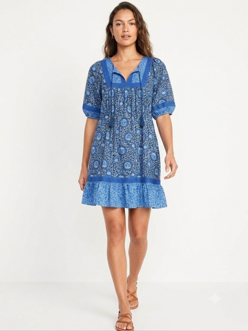 Old Navy Blue Floral Peasant Babydoll Mini Dress Size Sm Boho Cotton Puff Sleeve - Picture 15 of 16